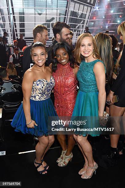 Olympic gymnasts Laurie Hernandez, Simone Biles and Madison Kocian attend the 2016 MTV Video Music Awards at Madison Square Garden on August 28, 2016...