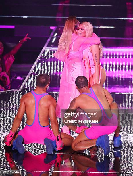 Ariana Grande and Nicki Minaj perform onstage during the 2016 MTV Video Music Awards at Madison Square Garden on August 28, 2016 in New York City.