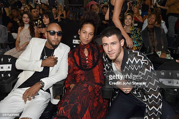 Swizz Beatz, Alicia Keys and Nick Jonas attend the 2016 MTV Music Video Awards at Madison Square Gareden on August 28, 2016 in New York City.