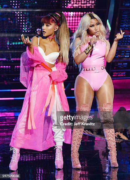 Ariana Grande and Nicki Minaj perform onstage during the 2016 MTV Video Music Awards at Madison Square Garden on August 28, 2016 in New York City.