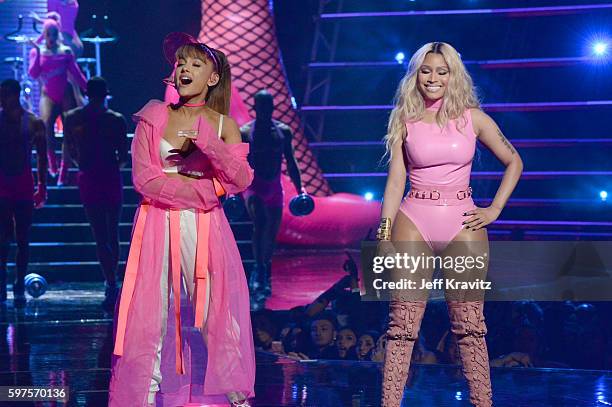 Ariana Grande and Nicki Minaj perform onstage during the 2016 MTV Video Music Awards at Madison Square Garden on August 28, 2016 in New York City.