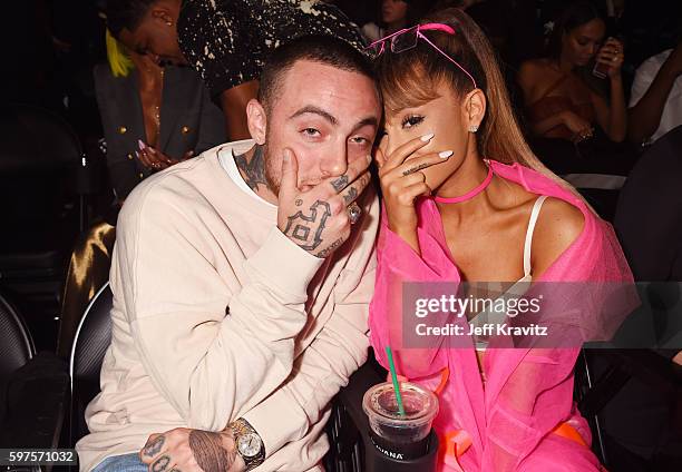 Rapper Mac Miller and singer Ariana Grande pose backstage during the 2016 MTV Video Music Awards at Madison Square Garden on August 28, 2016 in New...