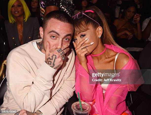 Rapper Mac Miller and singer Ariana Grande pose backstage during the 2016 MTV Video Music Awards at Madison Square Garden on August 28, 2016 in New...