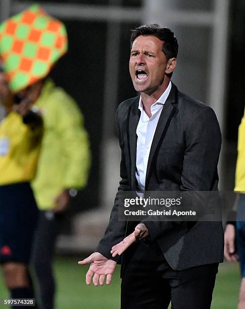 Diego Cocca coach of Millonarios gestures during a match between Independiente Santa Fe and Millonarios as part of round 10 of Liga Aguila 2016 at...