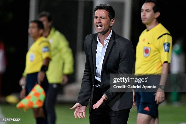 Diego Cocca coach of Millonarios gestures during a match between Independiente Santa Fe and Millonarios as part of round 10 of Liga Aguila 2016 at...