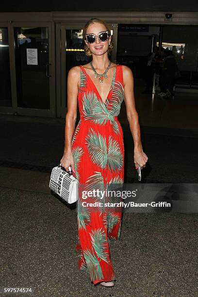 Paris Hilton is seen at LAX on August 28, 2016 in Los Angeles, California.