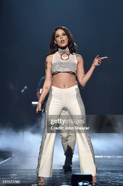 Andrew Taggart of the Chainsmokers and Halsey perform onstage during the 2016 MTV Music Video Awards at Madison Square Gareden on August 28, 2016 in...