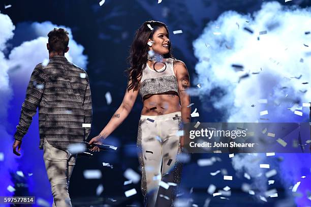 Andrew Taggart of the Chainsmokers and Halsey perform onstage during the 2016 MTV Music Video Awards at Madison Square Gareden on August 28, 2016 in...