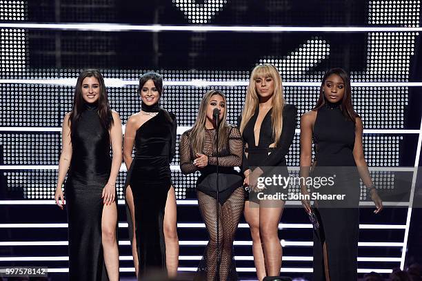 Lauren Jauregui, Camila Cabello, Ally Brooke, Dinah Jane Hansen and Normandi Kordei of Fifth Harmony speak onstage during the 2016 MTV Music Video...