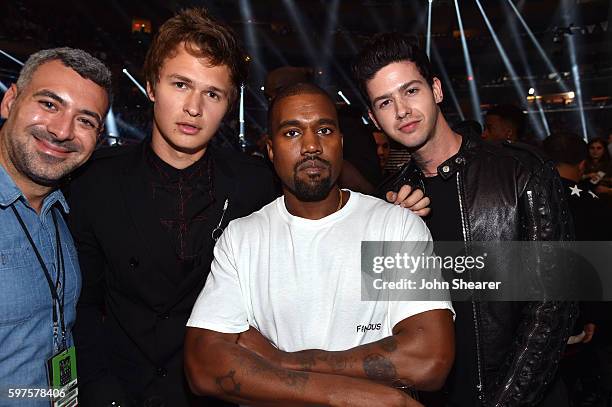 Ansel Elgort, Kanye West and Travis Mills attend the 2016 MTV Music Video Awards at Madison Square Gareden on August 28, 2016 in New York City.