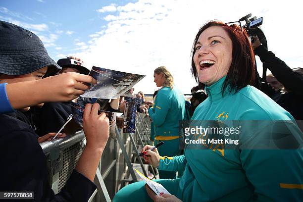 Anna Meares signs autographs for fans during the Australian Olympic Team Welcome Home Celebration at Sydney Opera House on August 29, 2016 in Sydney,...