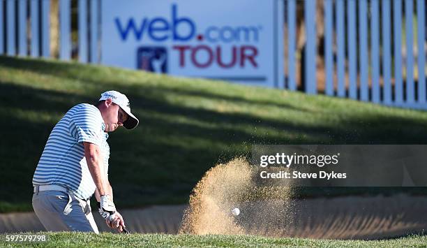 Ted Potter Jr. Hits out of a bunker on the 18th hole during the final round of the WinCo Foods Portland Open at Pumpkin Ridge Witch Hollow on August...