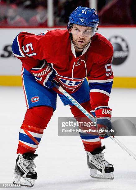David Desharnais of the Montreal Canadiens plays in the game against the Detroit Red Wings at Bell Centre on October 17, 2015 in Montreal, Quebec,...