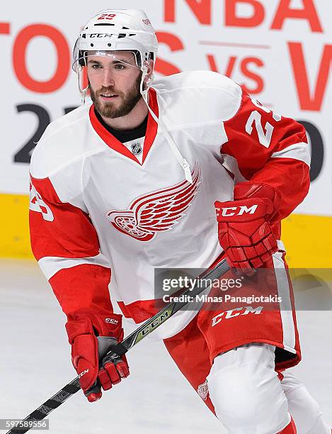 Landon Ferraro of the Detroit Red Wings warms up before the game against the Montreal Canadiens at Bell Centre on October 17, 2015 in Montreal,...