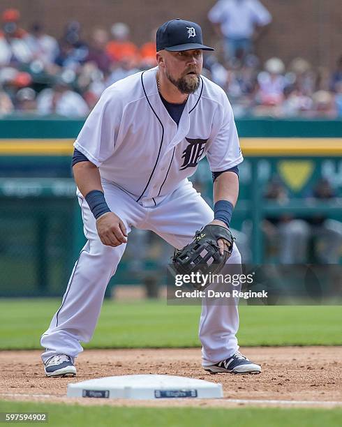 Casey McGehee of the Detroit Tigers gets set for the pitch in the third inning during a MLB game against the Boston Red Sox at Comerica Park on...