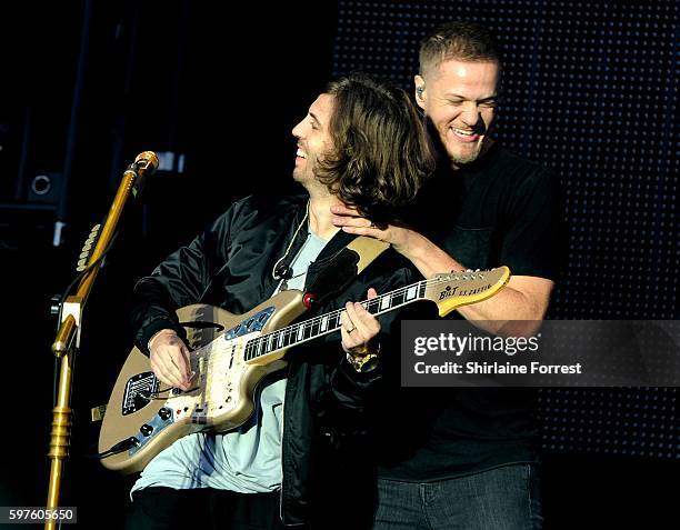 Daniel Wayne and Dan Reynolds of Imagine Dragons perform at Leeds Festival at Bramham Park on August 28, 2016 in Leeds, England.