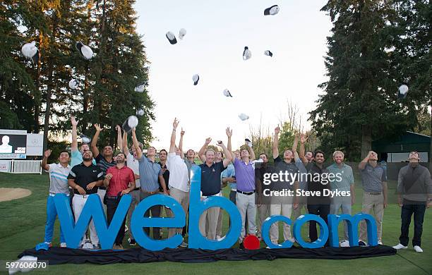 The players that won their PGA tour cards pose for a photo after the final round of the WinCo Foods Portland Open on August 28, 2016 in North Plains,...