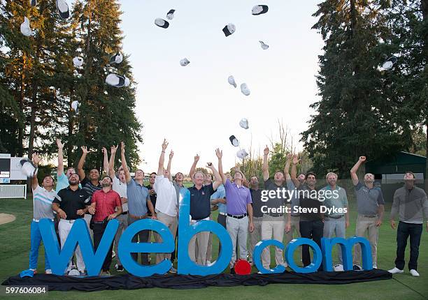 The players that won their PGA tour cards pose for a photo after the final round of the WinCo Foods Portland Open on August 28, 2016 in North Plains,...