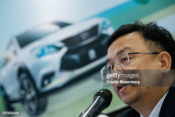 Wang Chuanfu, chairman of BYD Co., speaks during a news conference in Hong Kong, China, on Monday, Aug. 29, 2016. Wang said BYD are confident of...