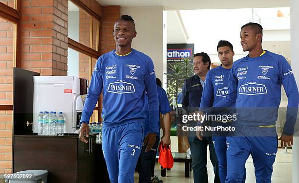 Robert Arboleda, left, Christian Noboa, center, Fidel Martínez, right, during training in the House of selection for the World Cup qualifiers Russia,...