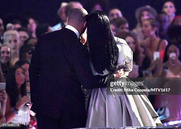 Drake presents the Video Vanguard award to Rihanna onstage during the 2016 MTV Music Video Awards at Madison Square Gareden on August 28, 2016 in New...