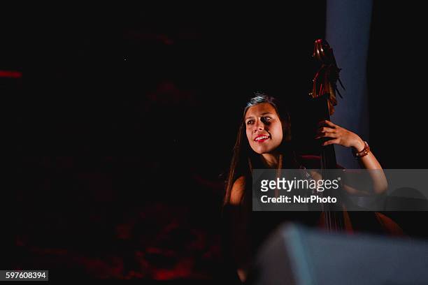 Tania Abad, double bass, performs with Ara Malikian during the cultural summer nights at Cathedral square in Zamora, northwest Spain, on August 28,...