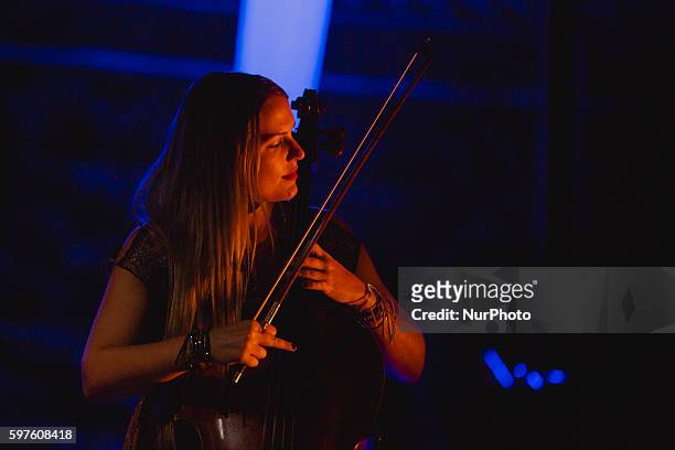 Cristina Lopez, cello, performs with Ara Malikian during the cultural summer nights at Cathedral square in Zamora, northwest Spain, on August 28,...
