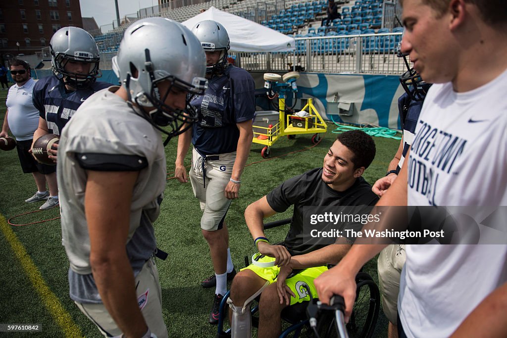 Ty Williams, a linebacker for the Georgetown Hoyas who was paralyzed during a game last year, still attends school, practices and is on the roster.