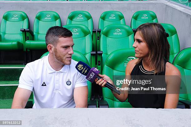 Jordan VERETOUT of Saint Etienne and Margot Dumont during the French Ligue 1 between Saint Etienne and Toulouse at Stade Geoffroy-Guichard on August...