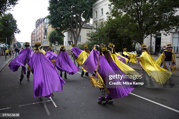 Roller skate troupe on Sunday 28th August 2016 at the 50th Notting Hill Carnival in West London. A celebration of West Indian / Caribbean culture and...