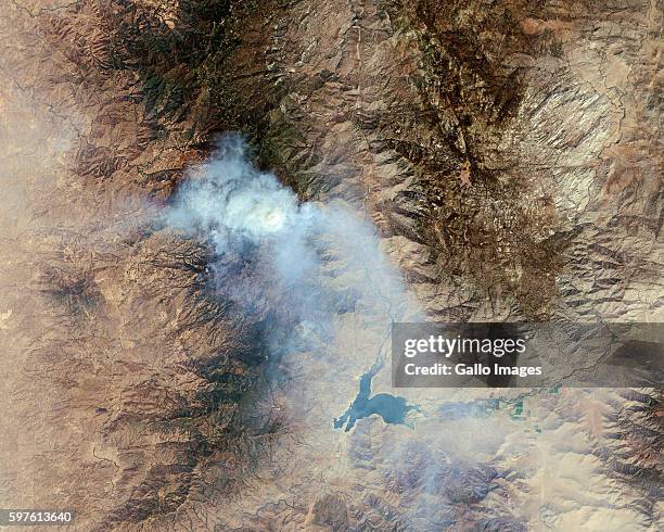 Satellite view of the large Cedar Fire near Panorama Heights, north of Alta Sierra in Kern County, California on August 25, 2016.