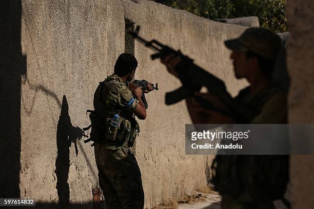 Soldiers patrol in Amarne village of Aleppo after taking control of the village from PYD/ PKK terrorist organizations during the "Operation Euphrates...