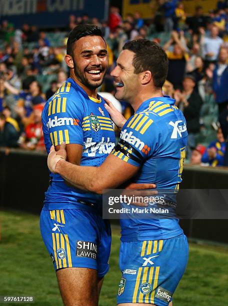 Michael Gordon of the Eels celebrates a try he scored during the round 25 NRL match between the Parramatta Eels and the St George Illawarra Dragons...