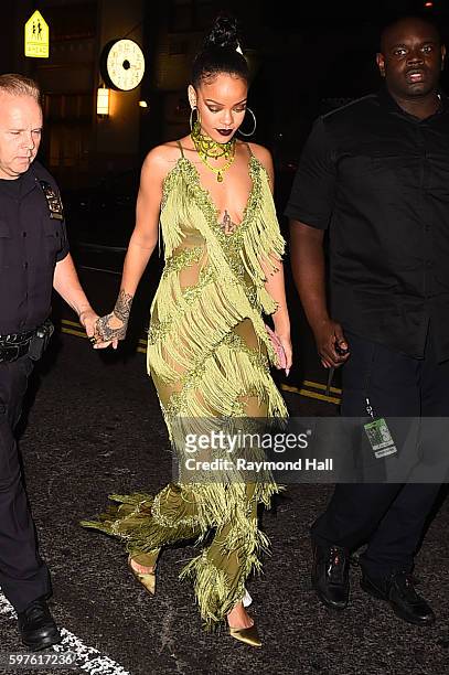 Singer Rihanna arrives at Club Up And Down in Sohoon August 28, 2016 in New York City.