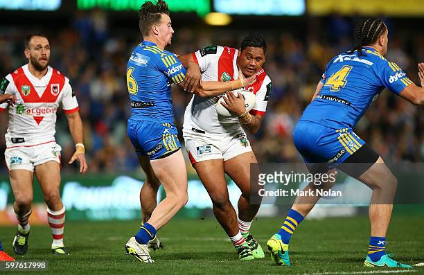 Luciano Leilua of the Dragons in action during the round 25 NRL match between the Parramatta Eels and the St George Illawarra Dragons at Pirtek...