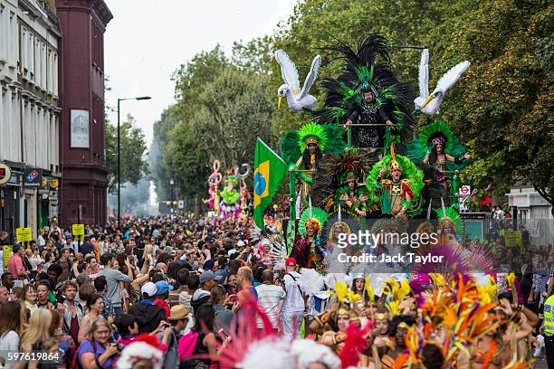 Performers on a float take part in the Notting Hill Carnival on August 29, 2016 in London, England. The Notting Hill Carnival, which has taken place...