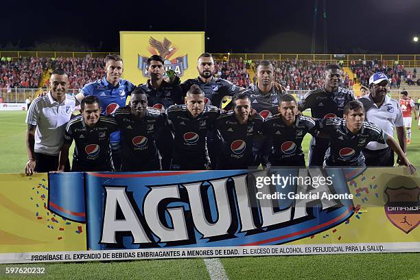 Players of Millonarios pose for a photo prior a match between Independiente Santa Fe and Millonarios as part of round 10 of Liga Aguila 2016 at...