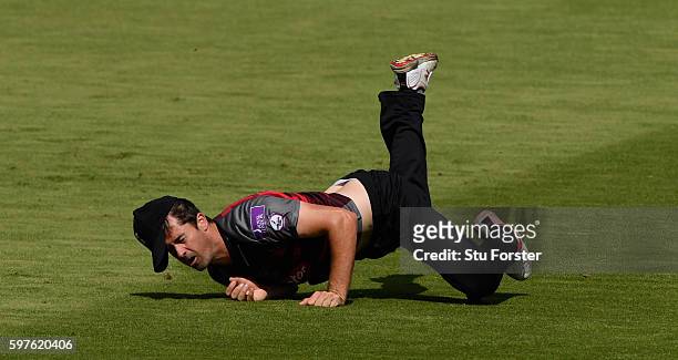 Somerset fielder Tim Groenewald fails to hold a catch off Warwickshire batsman Tim Ambrose during the Royal London One-Day Cup semi final between...
