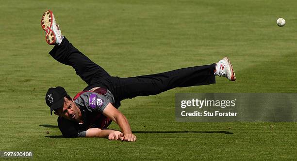 Somerset fielder Tim Groenewald fails to hold a catch off Warwickshire batsman Tim Ambrose during the Royal London One-Day Cup semi final between...