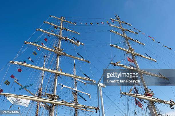 Crew members prepare the sails and rigging before leaving Blyth harbour during the North Sea Tall Ships Parade of Sail on August 29, 2016 in Blyth,...