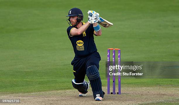 Warwickshire batsman Ian Bell hits a ball to the boundary during the Royal London One-Day Cup semi final between Warwickshire and Somerset at...