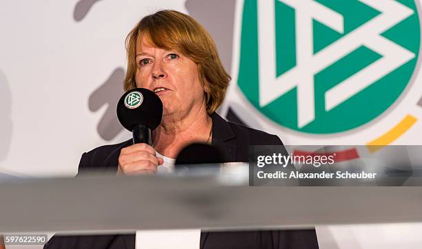 Vice President Hannelore Ratzeburg attends the Allianz Frauen Bundesliga season opening press conference at DFB Headquarter on August 29, 2016 in...