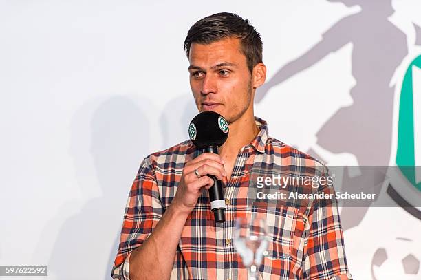 Thomas Woerle, head coach of Bayern Muenchen women's team during the Allianz Frauen Bundesliga season opening press conference at DFB Headquarter on...