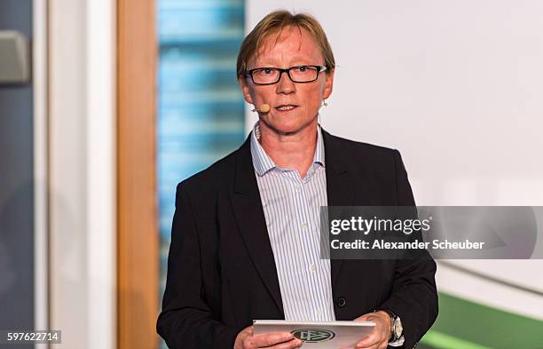 Annette Seitz of DFB is seen during the Allianz Frauen Bundesliga season opening press conference at DFB Headquarter on August 29, 2016 in Frankfurt...