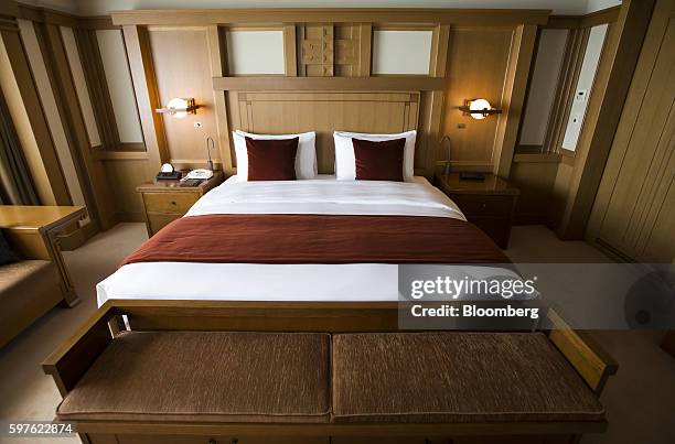 Bed is seen in the Frank Lloyd Wright suite at the Imperial Hotel in Tokyo, Japan, on Friday, Aug. 19, 2016. Tokyo's Imperial Hotel, the luxury inn...