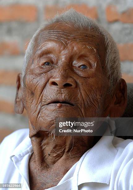 An Indonesian man, named Mbah Gotho, claimed to be 146 years old, is the oldest human in world's history speaks to press members at his family house...