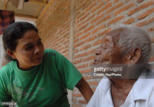 An Indonesian man, named Mbah Gotho , claimed to be 146 years old, is the oldest human in world's history speaks to press members at his family house...