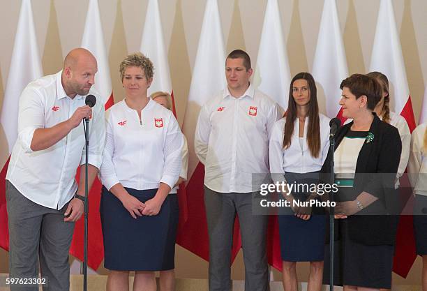 Prime Minister of Poland, Beata Szydlo Anita Wlodarczyk and Piotr Malachowski during the with Olympic medalists from Rio in Warsaw, Poland on 29...