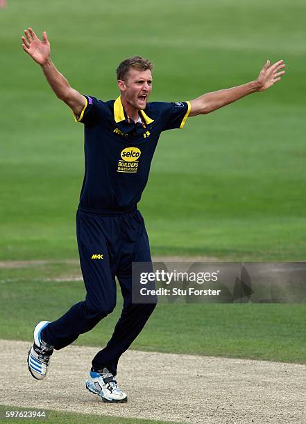 Warwickshire bowler Oliver Hannon-Dalby appeals for the wicket of Somerset batsman Jim Allenby lbw during the Royal London One-Day Cup semi final...