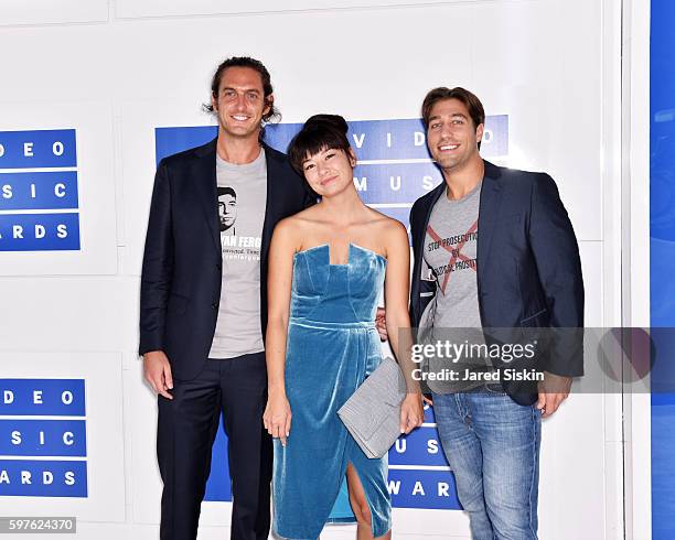 Andrew Jenks, Eva Nagao and Ryan Ferguson of MTV's 'Unlocking the Truth' attend the 2016 MTV Video Music Awards Arrivals at Madison Square Garden on...